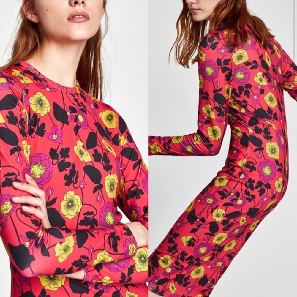 Zara Floral Bodycon Stretch Midi Long Sleeve Dress Size M - Picture 3 of 8